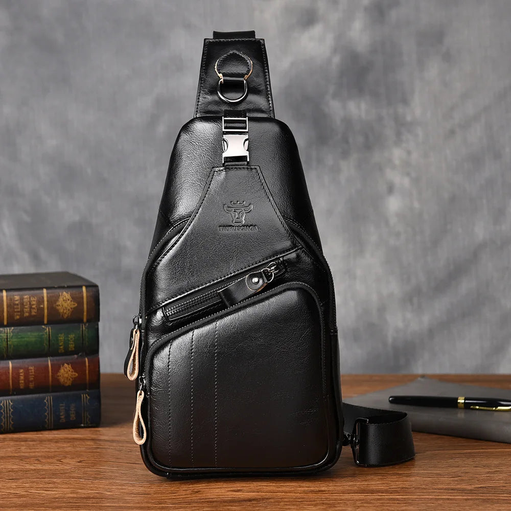 Top-Grain Cowhide Men S Chest Bag Retro Oil-Wax Cowhide Fashionable Genuine Leather Crossbody Chest