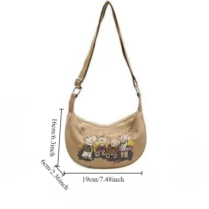Crossbody Bag Girls Trendy Cartoon Teddy Bear Saddle Bag Large Capacity Fashionable Canvas Dumpling
