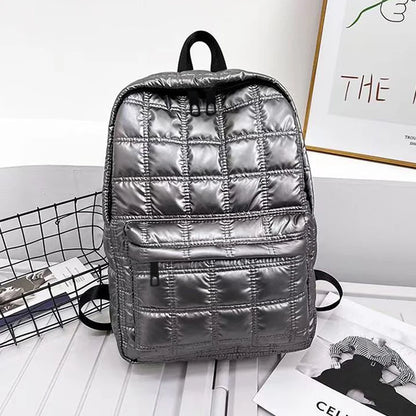 Quilted Metallic Backpack – Multi-Compartment Shiny Daypack for Women