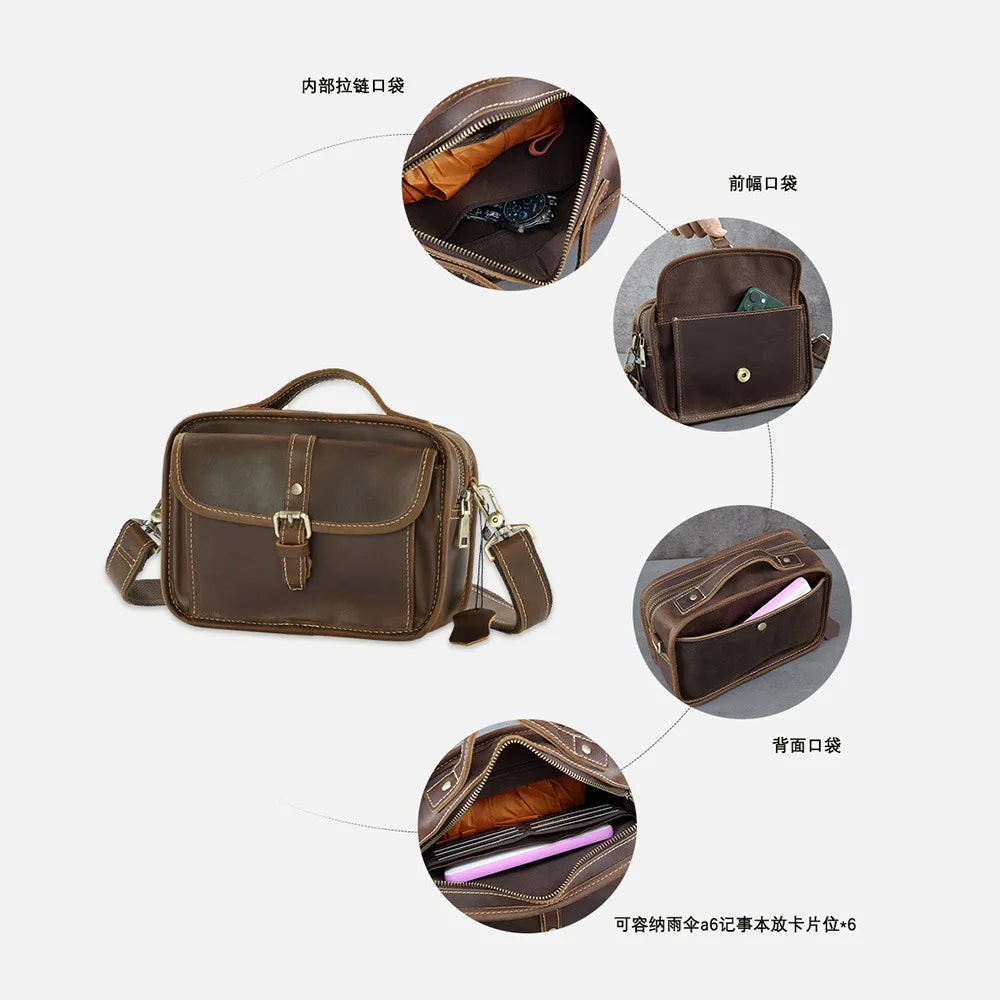 Genuine Leather Men S Crossbody Top Layer Cowhide Messenger Bag Square Retro Hand-Held