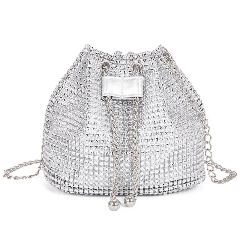 Rhinestone Bucket Bag – Women's Sparkling Drawstring Crossbody Purse