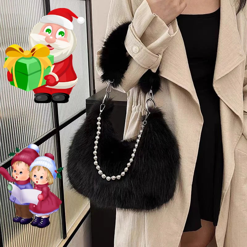 Faux Fur Tote Bag with Pearl Chain Strap – Chic Underarm Shoulder Handbag