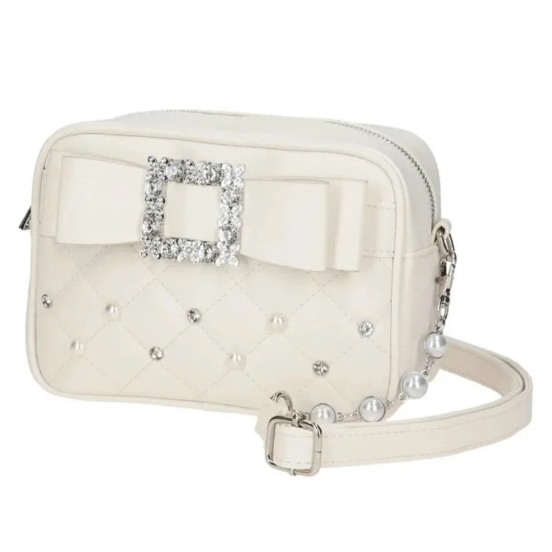 Sweet Knot Pearl Oulder Crossbody Bag Diamond Id Pattern Small Square Faionable Young Women Shoulder
