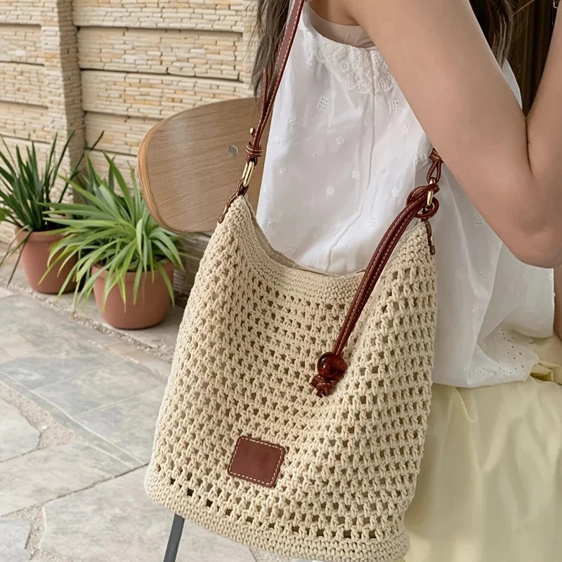 Minimalist Beige Woven Tote Bag Brown Handles Versatile Shoulder Bags