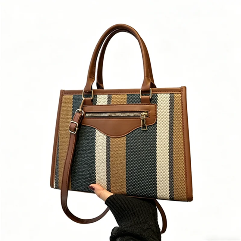 Chic Striped Canvas Tote Bag Work Weekend Every Premium Pu Leather Trim