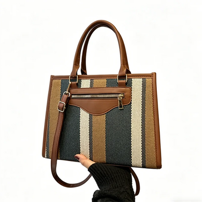 Chic Striped Canvas Tote Bag Work Weekend Every Premium Pu Leather Trim