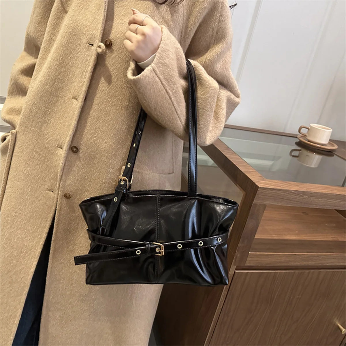 Trendy Simple Women Shoulder Bag Solid Color Soft Pu Leather Tote Large Capacity Handbag Commute