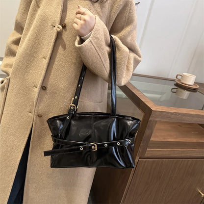 Trendy Simple Women Shoulder Bag Solid Color Soft Pu Leather Tote Large Capacity Handbag Commute