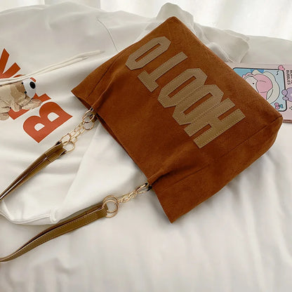 Solid Color Shoulder Bag Trendy Letters Tote Bag Canvas Campus Handbag Women Office