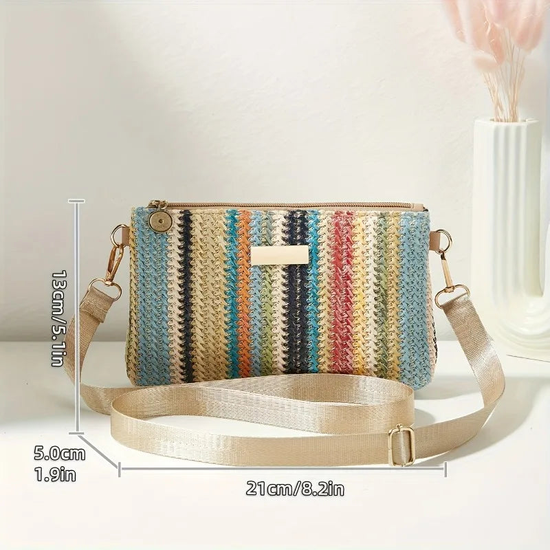 Colorful Striped Woven Crossbody Bag with Wide Adjustable Strap