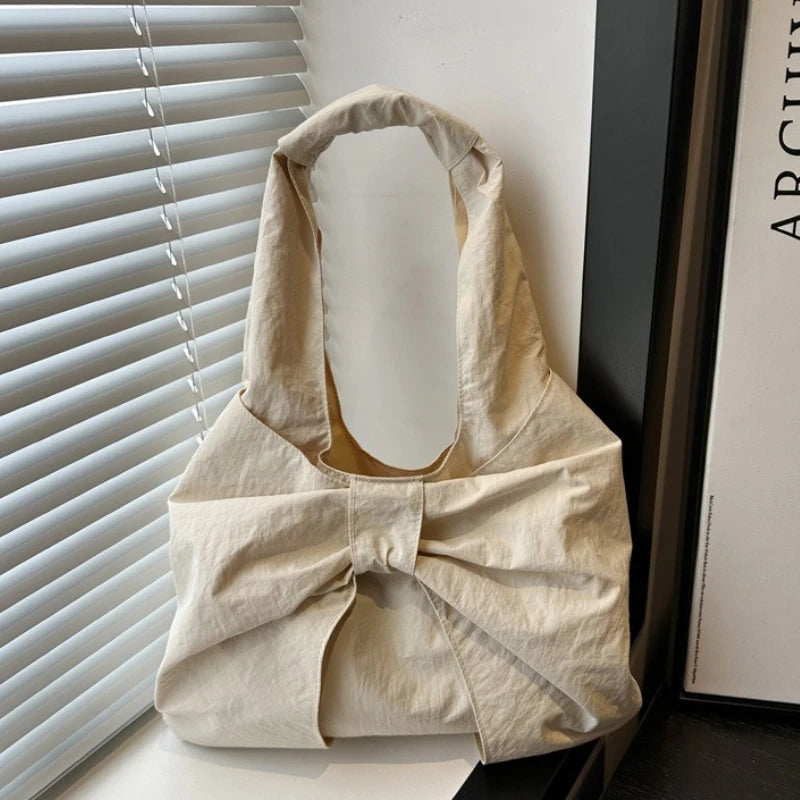 Checkered Canvas Tote Bag with Oversized Bow - Underarm Shoulder Handbag
