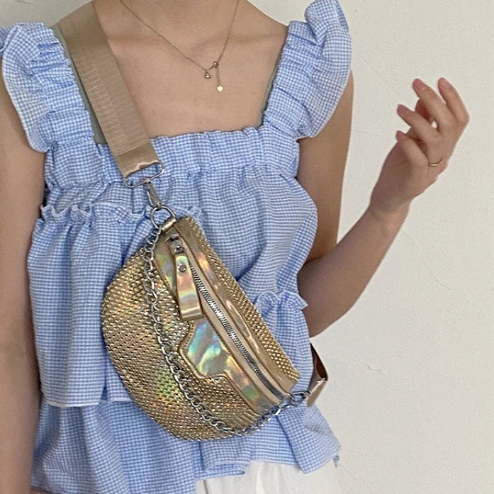 Chic Women Bling Rhinestone Fanny Pack Wide Strap Sling Crossbody Bag Sparkly Diamond Waist Purse