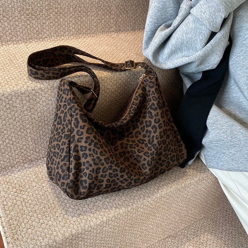 Trendy Casual Soft Textile Women S Shoulder Bag Large Capacity Leopard Print Female Retro Crossbody