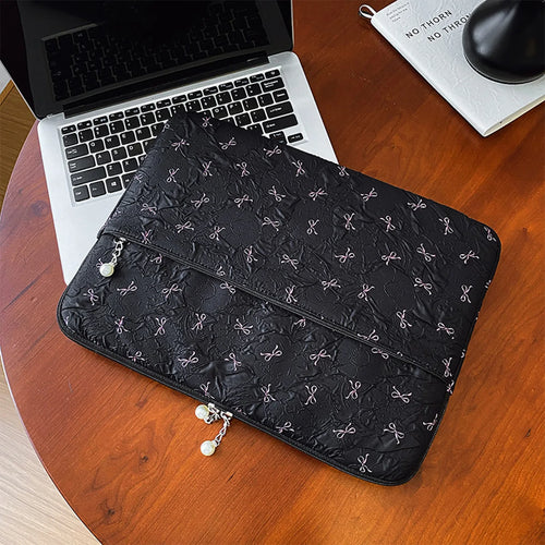 Minimalist Casual Crinkle Bow Laptop Bag Pearl Zipper Oxford Briefcase Soft Shockproof Multi-Size