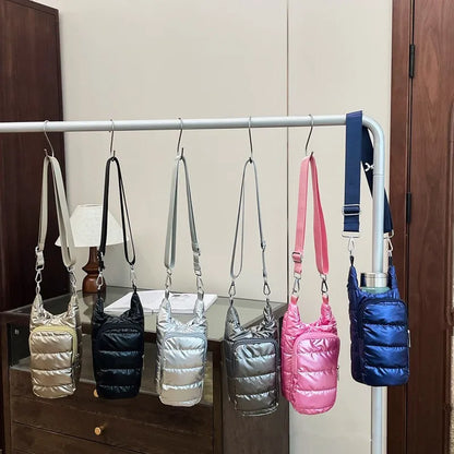 Water Bottle Carrier Crossbody Bag – Puffer Sling Holder with Pocket