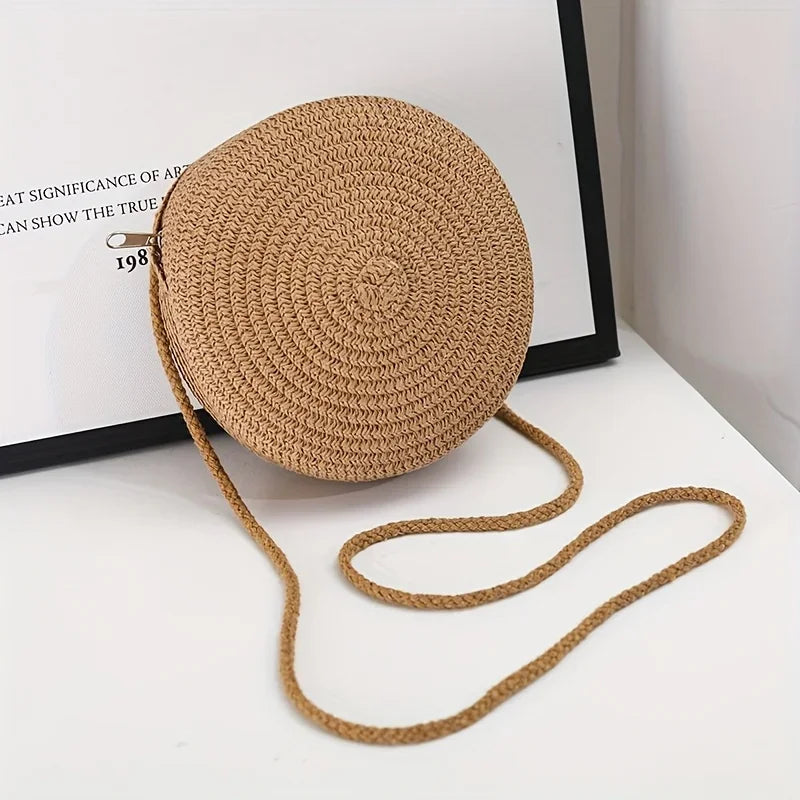 Round Woven Straw Crossbody Bag for Women