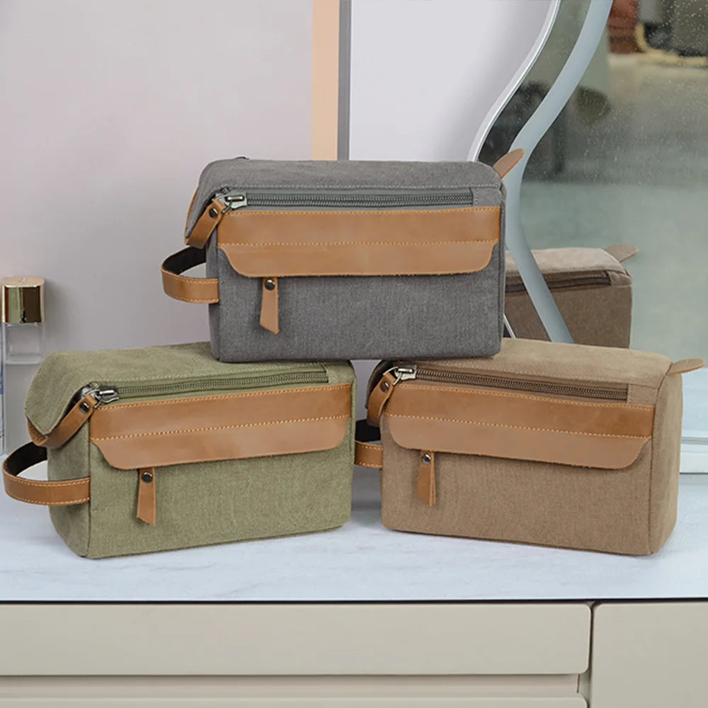 Travel Portable Large Capacity Storage Canvas Crazy Horse Leather Stitching Color Contrast Wash