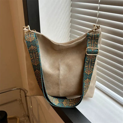 Stylish Beige Leather Tote Bag Decorative Printed Wide Strap Crossbody Bag Work Commute Large