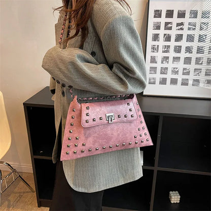 Rivet Crossbody Bag – Vintage Faux Leather Chain Shoulder Purse