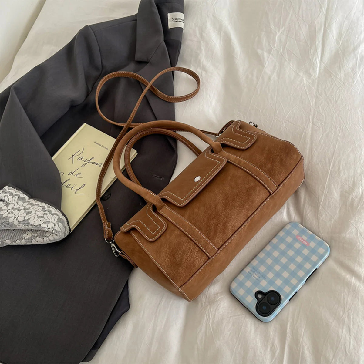 Trendy Retro Women Crossbody Bag Suede Pu Quilted Handbag Solid Color Portable Shoulder Commute