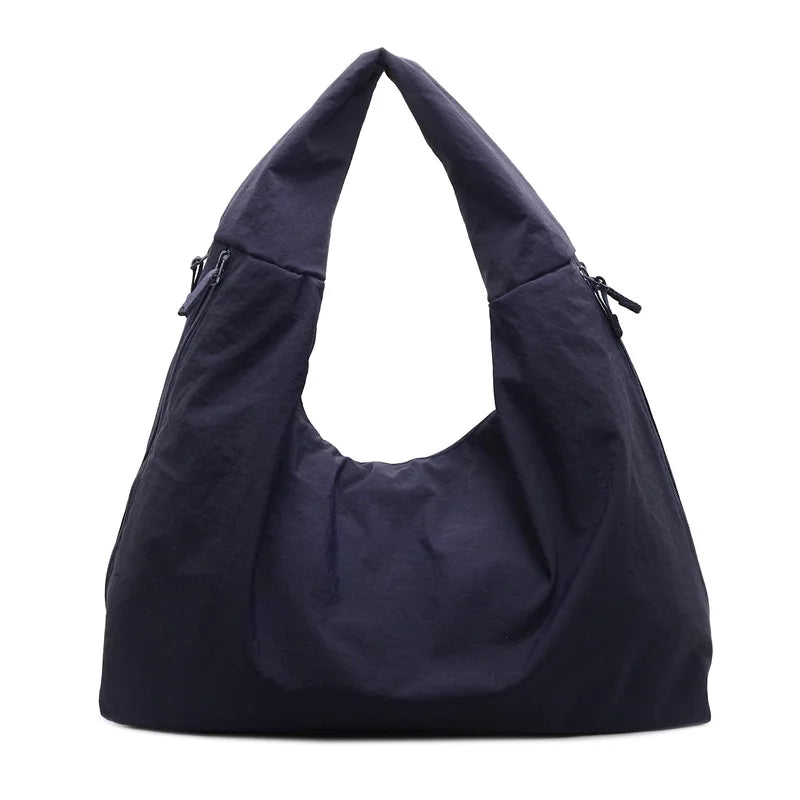 Chic Solid Color Nylon Tote Bag Multiple Zipper Pockets Large Capacity Casual Shoulder Bag College