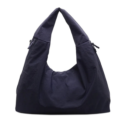 Chic Solid Color Nylon Tote Bag Multiple Zipper Pockets Large Capacity Casual Shoulder Bag College