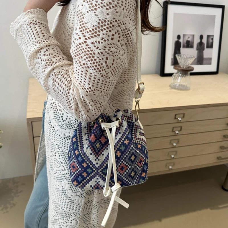 Floral Drawstring Bucket Bag for Women – Boho Crossbody Purse