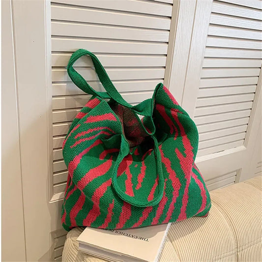 Zebra Print Knit Tote Bag – Large Capacity Women's Shoulder Bag