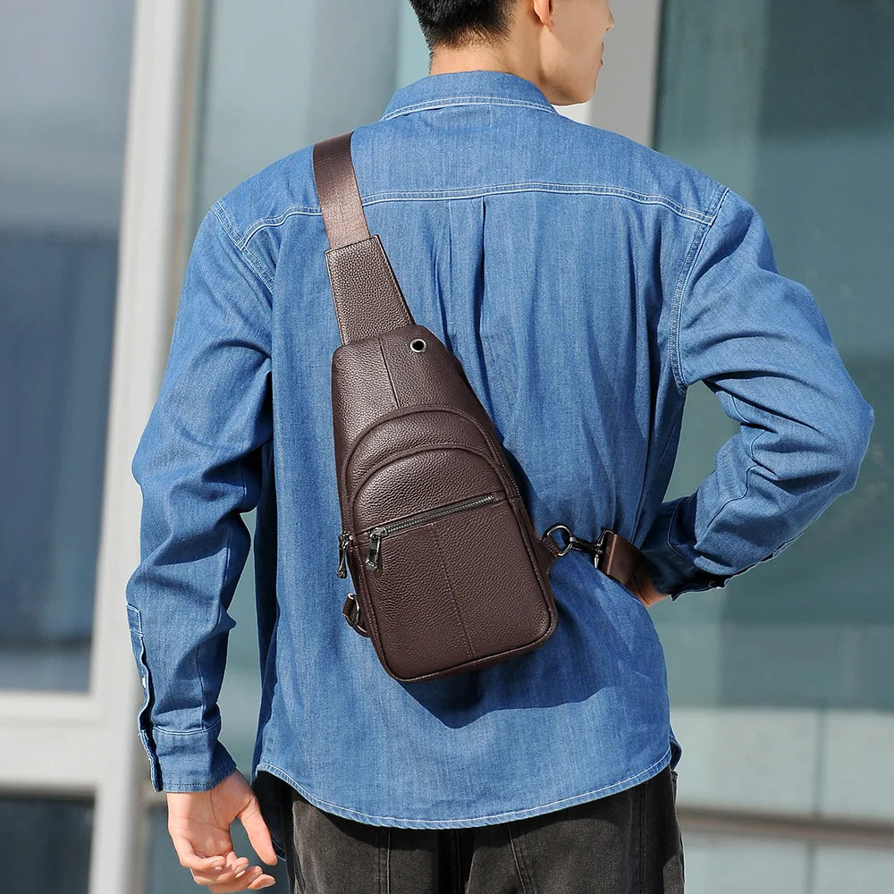 Men S Chest Bag Cowhine Simple Casual One Shoulder Sling Man Portable Diagonal Cross Backpack