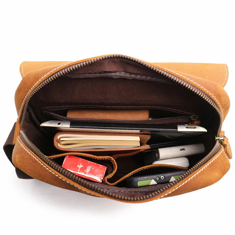 Men S Handcrafted Leather One-Shoulder Women Crazy Horse Crossbody Bag Retro Cowhide Ipad Storage