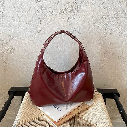 Y2k Patent Leather Rivet Hobo Shoulder Bag Women Trendy Solid Color Large Capacity Underarm Vintage