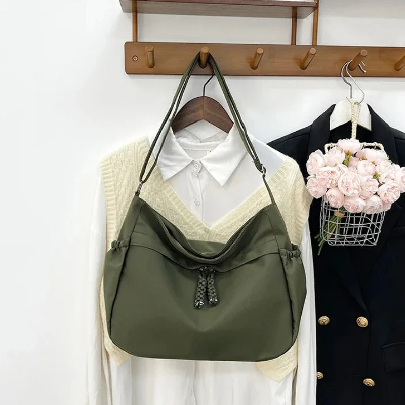 Minimalist Large Capacity Tote Bag Casual Multi Pocket Shoulder Bag Braided Drawstring Crossbody