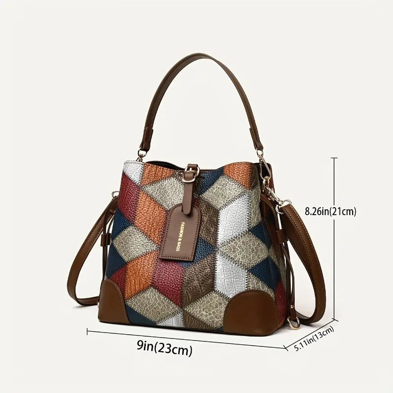 Patchwork Leather Bucket Bag – Women's Vintage Crossbody Handbag