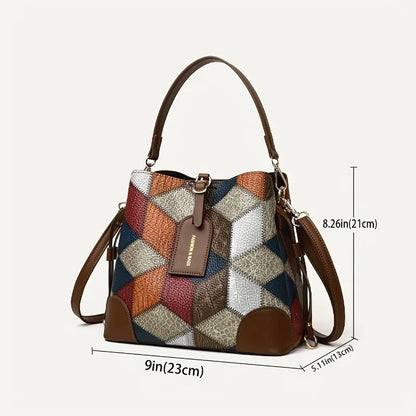 Patchwork Leather Bucket Bag – Women's Vintage Crossbody Handbag