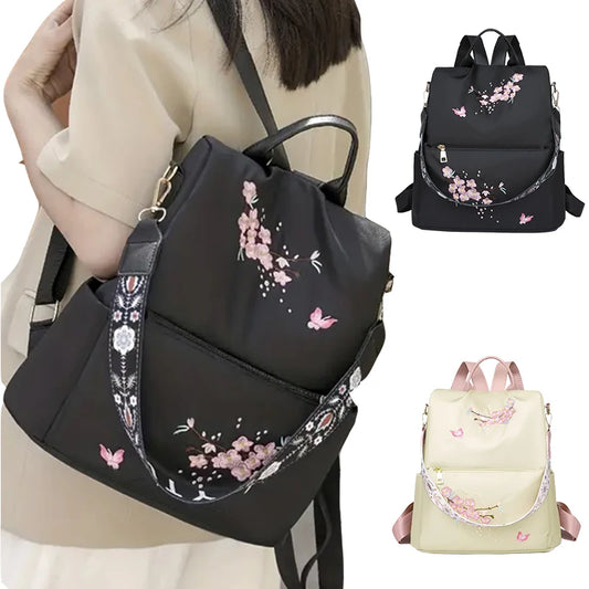 Aesthetic Cherry Blossom Embroidered Backpack Women Anti-Theft Nylon Travel Bag Convertible Shoulder