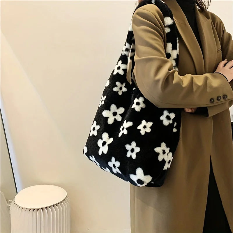 Chic Floral Faux Fur Tote Bag - Soft Plush Shoulder Handbag Women - Soft