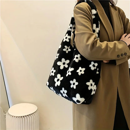 Chic Floral Faux Fur Tote Bag - Soft Plush Shoulder Handbag Women - Soft