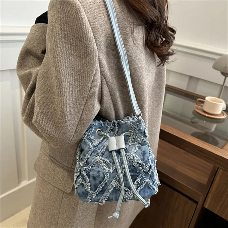 Denim Bucket Bag Women's Drawstring Crossbody Purse