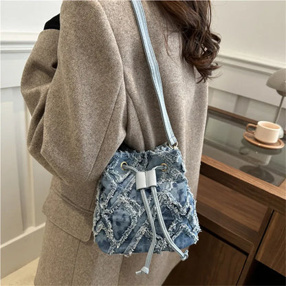 Denim Bucket Bag Women's Drawstring Crossbody Purse