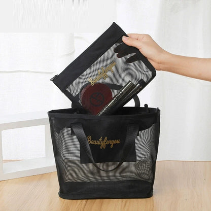 Mesh Tote Bag & Cosmetic Pouch Set – Large Capacity Travel Organizer