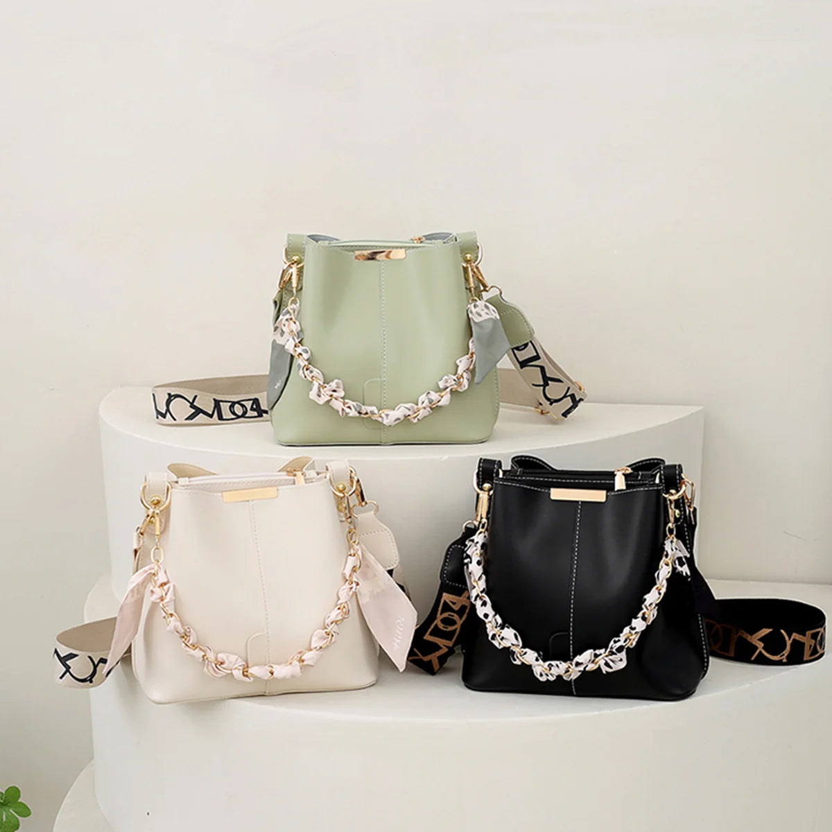 Women Bucket Bag Solid Color Pu Silk Scarf Chain Handbag Large Capacity Adjustable Strap Crossbody