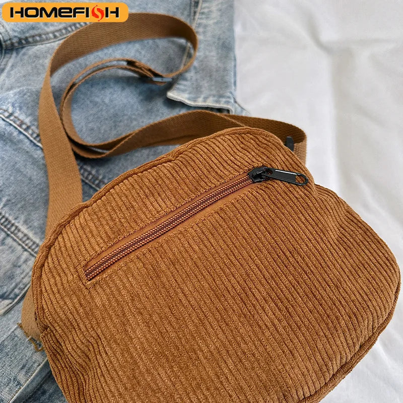 Homefish Corduroy Crossbody Bag Women Casual Style Zipper Closure Adjustable Strap Multi Pockets