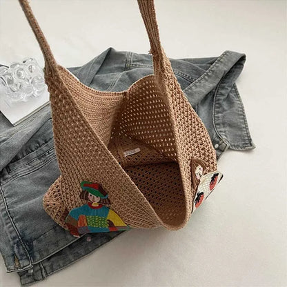 Hollow Mesh Knitted Shoulder Bag Beach Vacation Slouchy Chic Cartoon Tote Lightweight Laid-Back