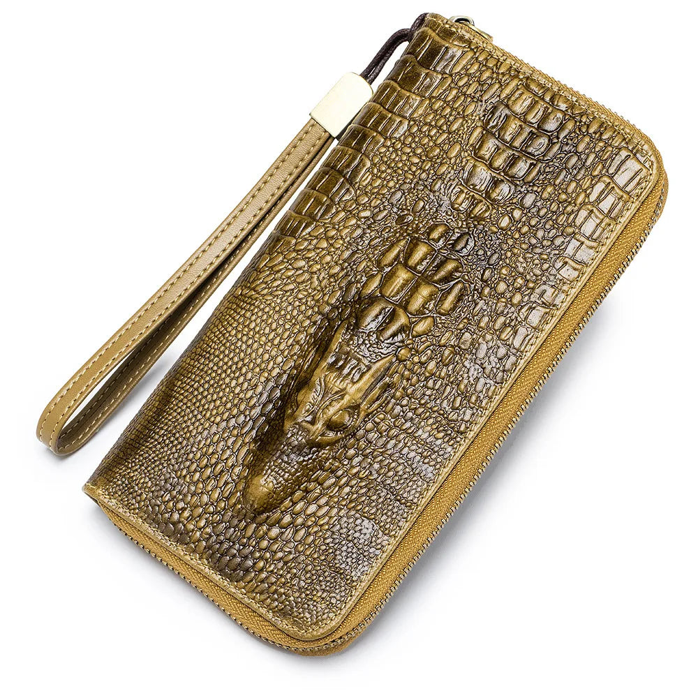 Real Leather Long Alligator Grain Head Layer Cofskin Zipper Purse Large Capacity Multi-Position