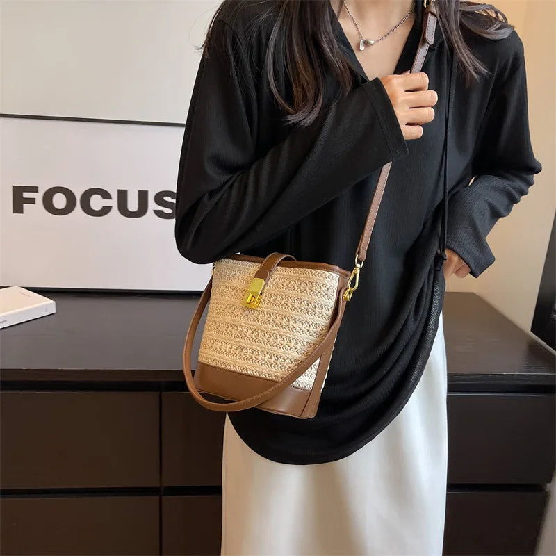 Straw Crossbody Bag – Woven Bucket Shoulder Purse with Gold Lock