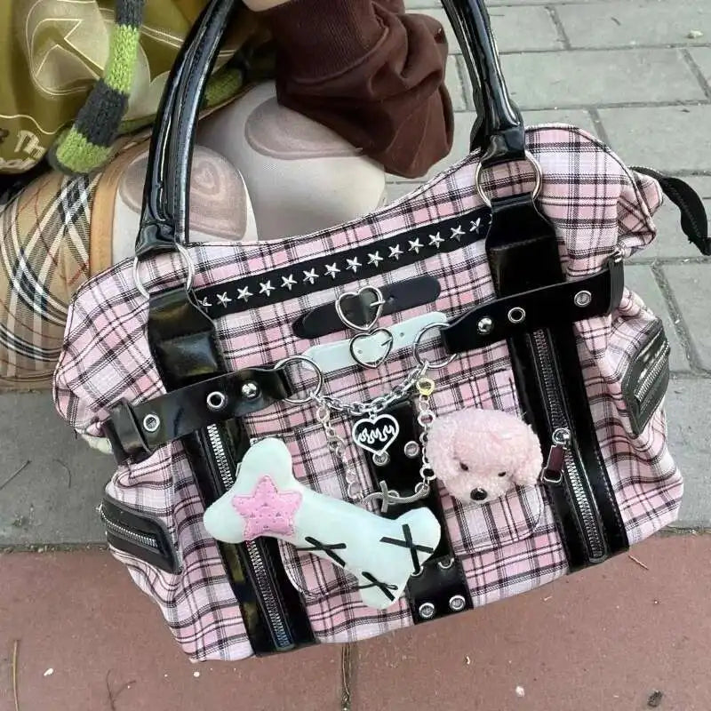 Plaid Canvas Shoulder Bag – Y2K Harajuku Large Handbag