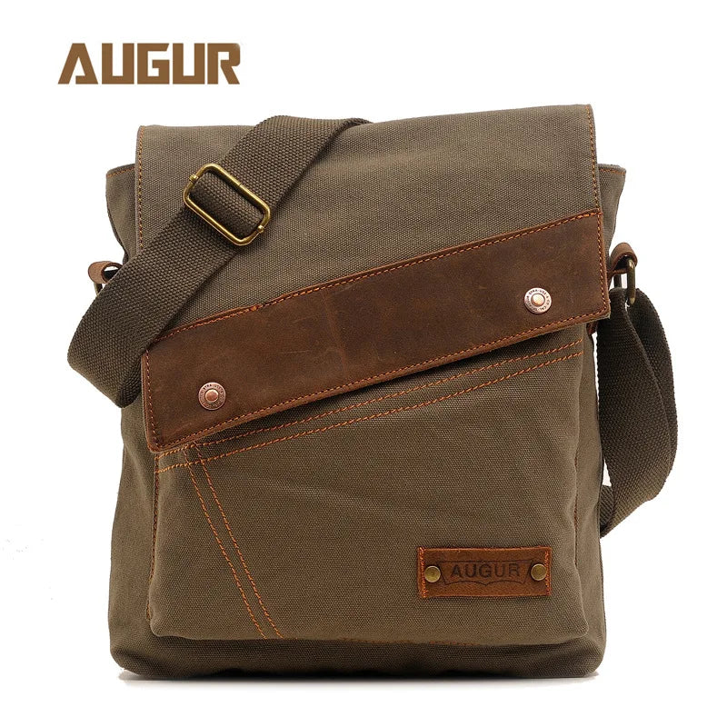 Men S Canvas Leather Patchwork Crossbody Single-Shoulder Bag