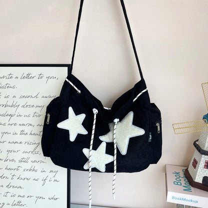 Y2K Corduroy Star Tote Bag with Plush Star Decor