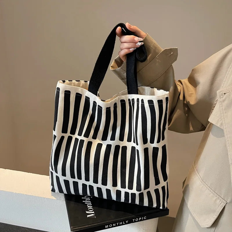 Large Canvas Tote Bag – Printed Stripe Pattern Shoulder Handbag