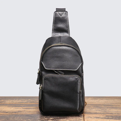Men S Genuine Leather Chest Bag Casual Sports Crossbody Single-Shoulder Backpack Large-Capacity